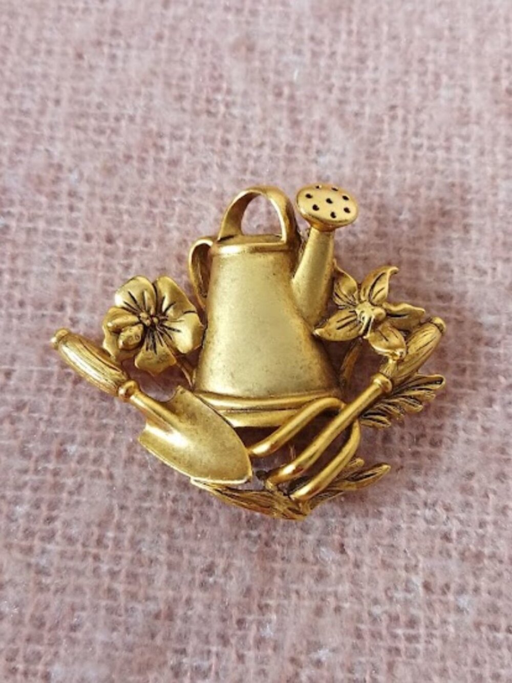 Vintage AJC Gardening Brooch in Gold Tone Metal--Watering Can and Flowers